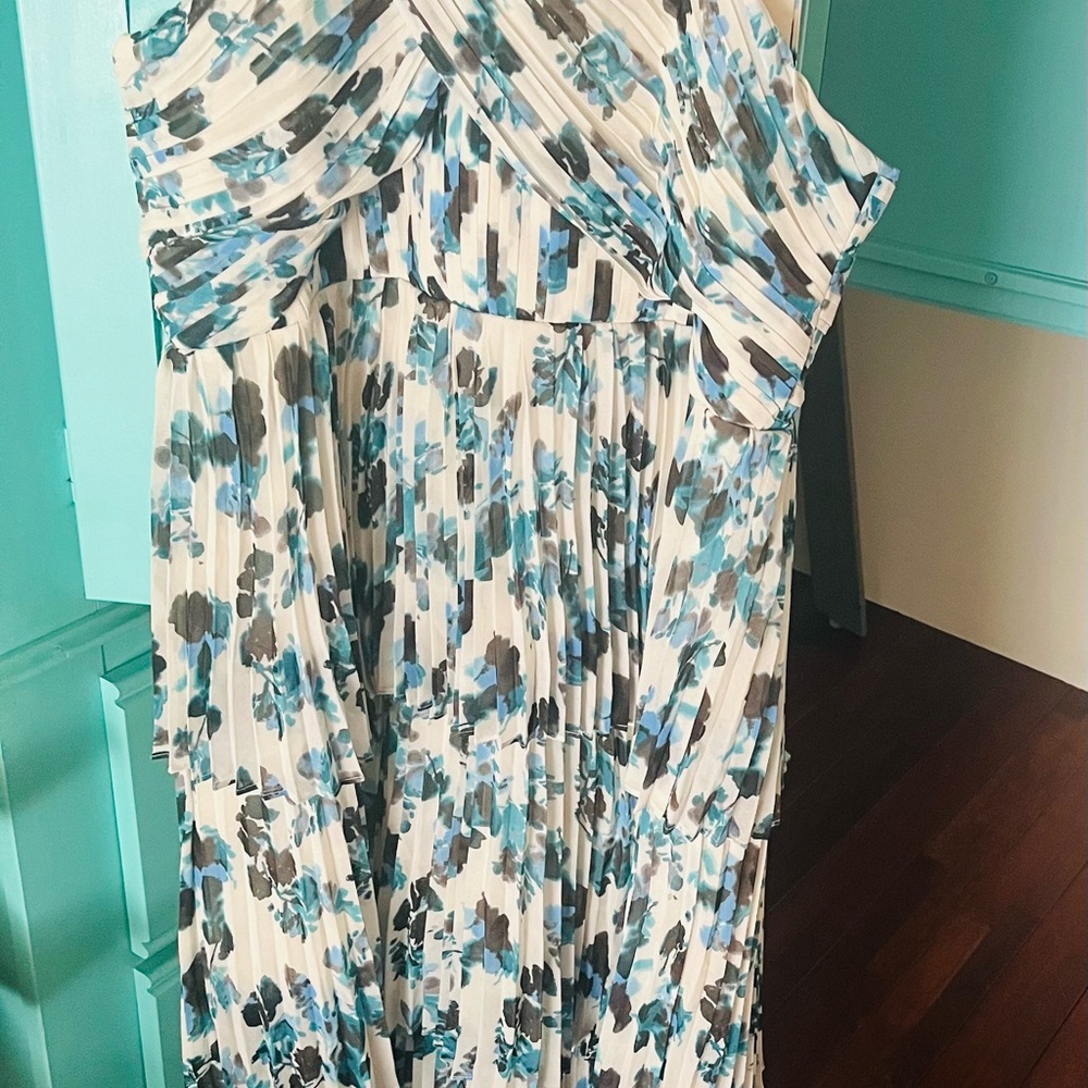 Tuckernuck White Pleated Maxi Dress with Blue and Gray Floral Print